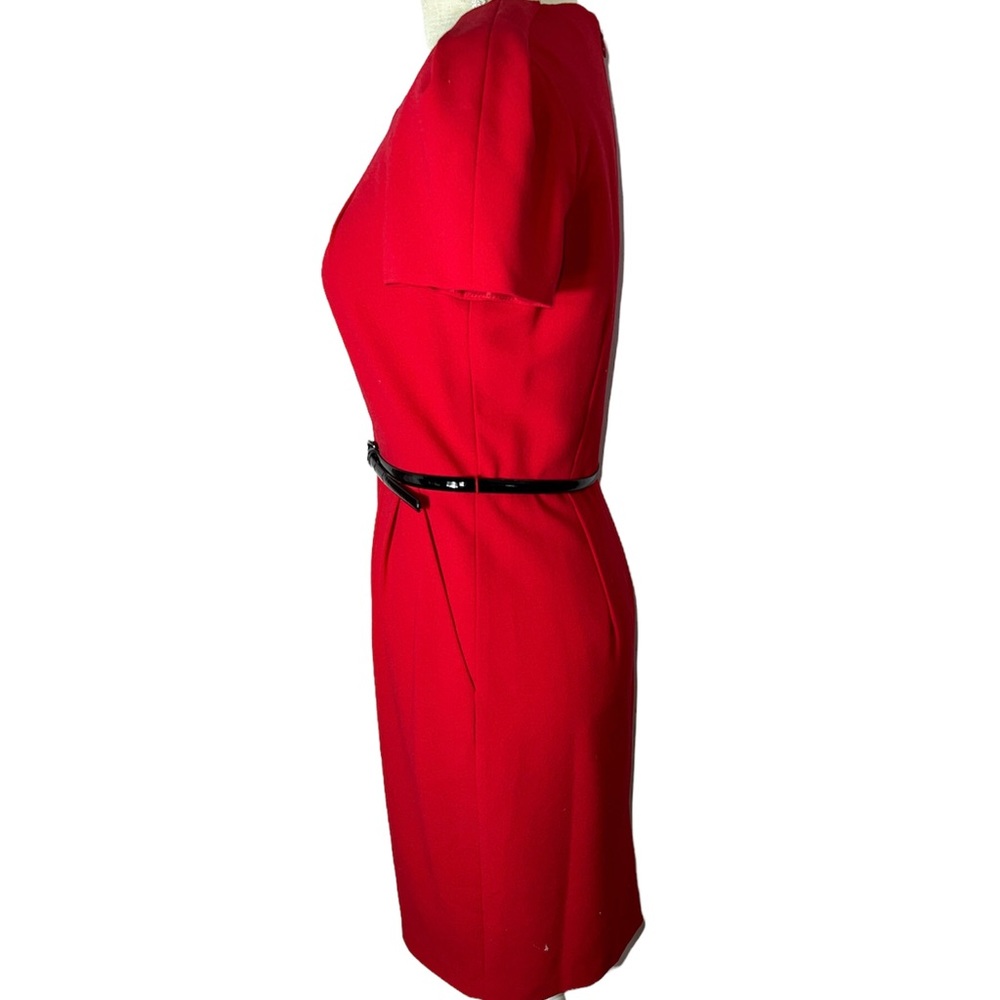 Same Pencil Dress except Red. Jewel neck, Short puff sleeve. - Picture 4 of 14